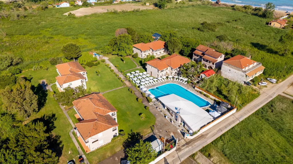 kamari apartments corfu acharavi aerial complex sea backdrop