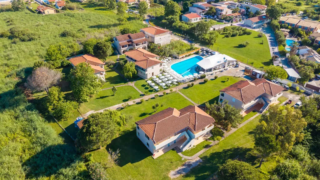kamari apartments corfu acharavi aerial pool grounds close