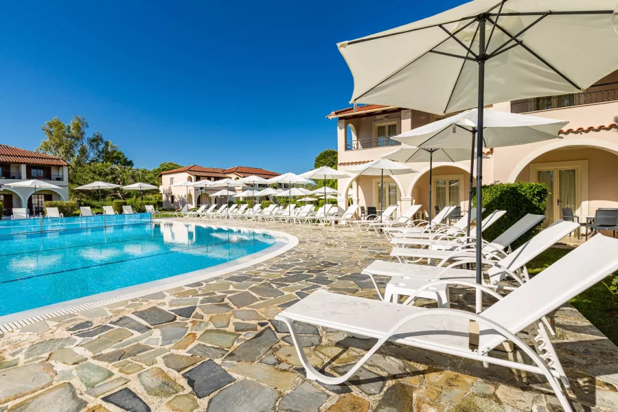 kamari apartments corfu acharavi poolside loungers close